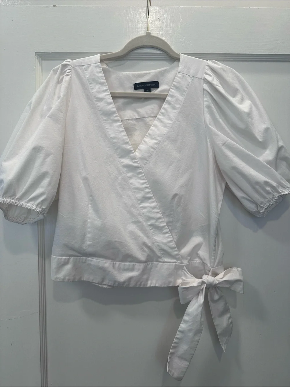 Banana Republic White Poplin Puff Sleeve Wrap Top with Side Tie